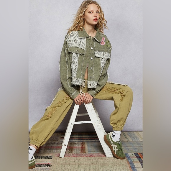 POL Jackets & Blazers - POL Olive Green Cropped Jacket with White Patch Details and Pink Embroidery
